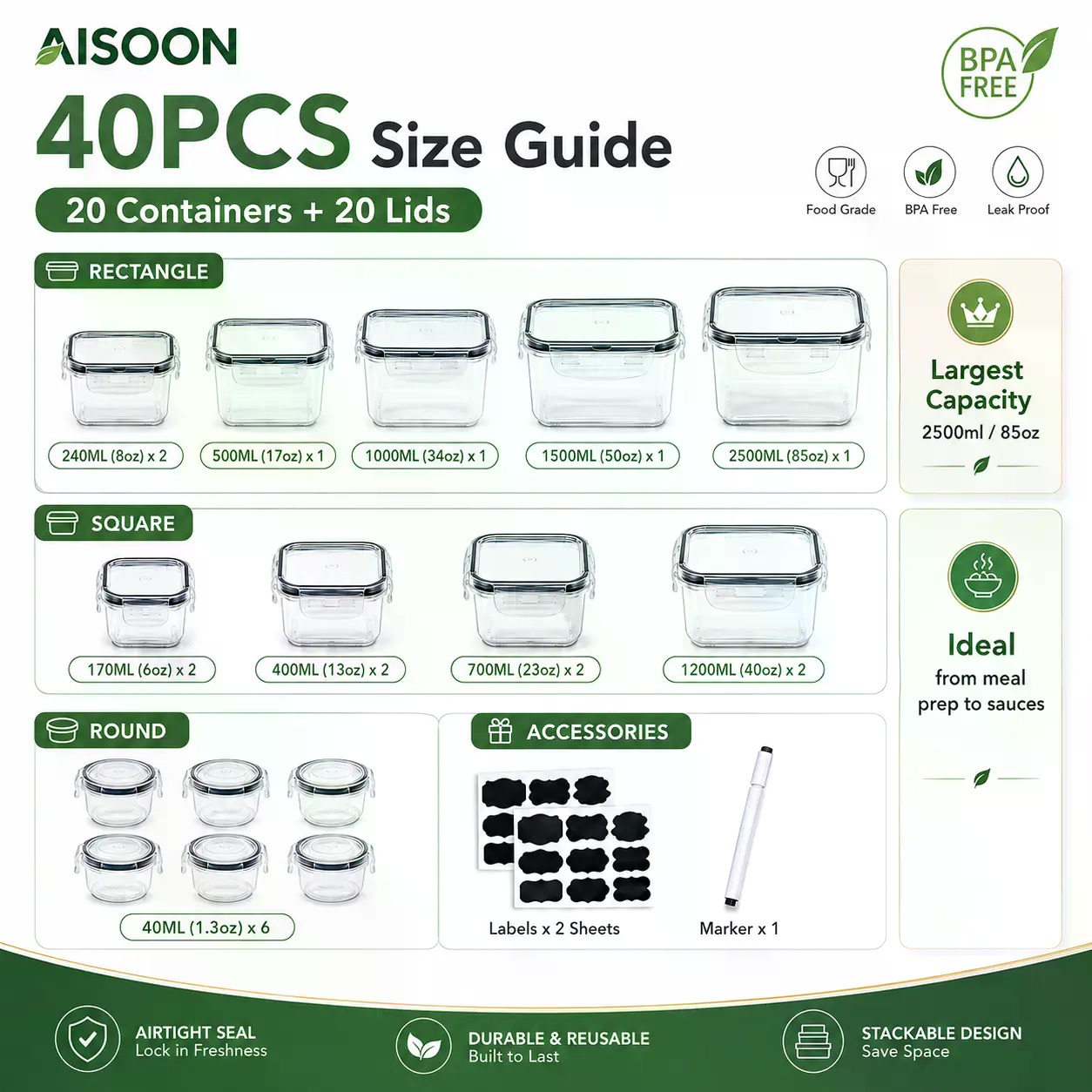 40 PCS Extra Large 85oz Silico - Food Storage Large Plastic Containers recension och pris